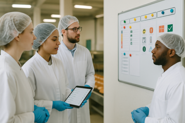 Vier Personen sichten den Prüf-Status an einem Board